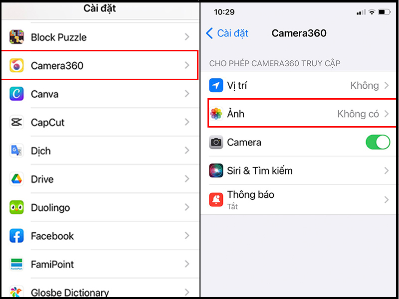 Nhấn chọn mục Camera360 và sau đó chọn Ảnh